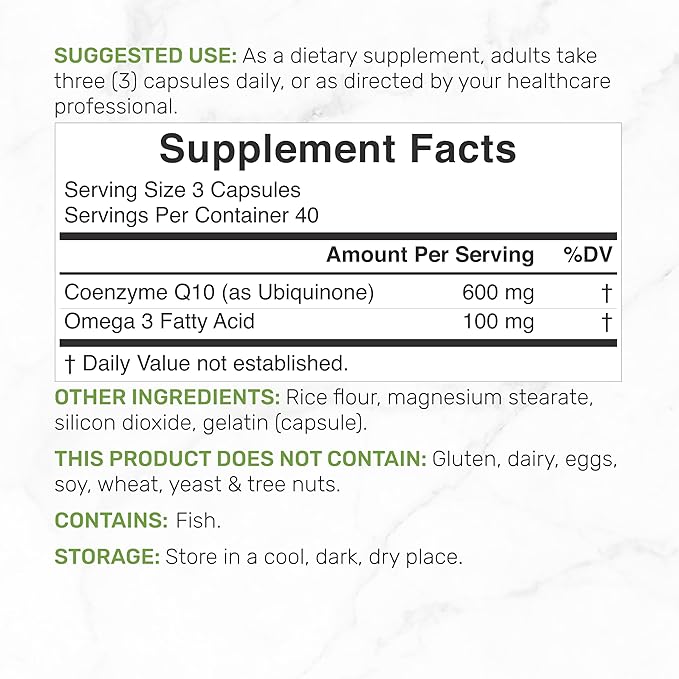 CoQ10 600mg, 120 Capsules – with Omega 3 Fatty Acid 100mg – Max Strength – Bioavailable Coenzyme Q10 Supplements – Heart, Energy, & Brain Health Antioxidant Support – Non-GMO