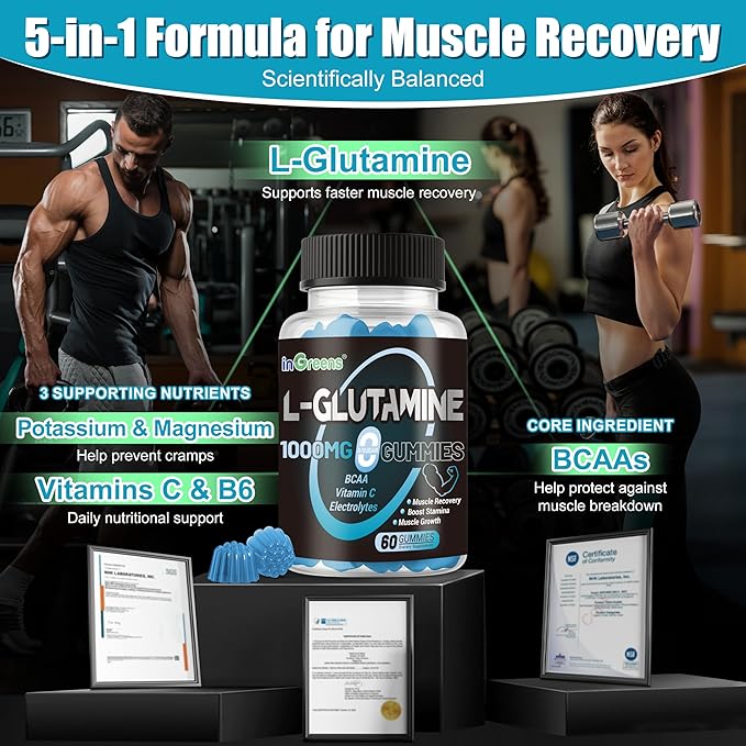 L-Glutamine Gummies 1000mg with BCAA, Potassium, Magnesium & Vitamin C, Muscle Recovery, Endurance Support & Daily Nutrition, Portable Supplement for Men＆Women, Lime Grapefruit Flavor, 120 Count
