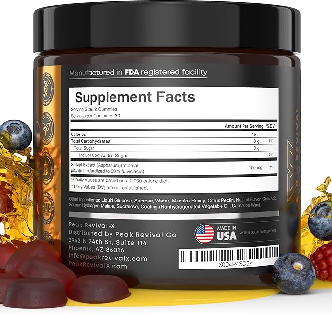 Peak Revival Shilajit Gummies with Manuka Honey - Promotes Optimal Recovery, Increases Energy & Endurance, Mixed Berry Flavor, 100mg per Serving, 60 Count (30 Servings)