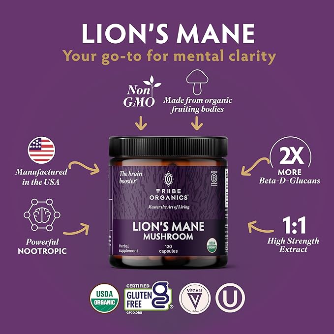 TRIBE ORGANICS Lion’s Mane Supplement 1000mg Mushroom Extract Powder - Immune System Booster & Brain Nootropic for Focus and Memory | Mental Clarity | Natural Energy and Immunity - 120 Vegan Capsules