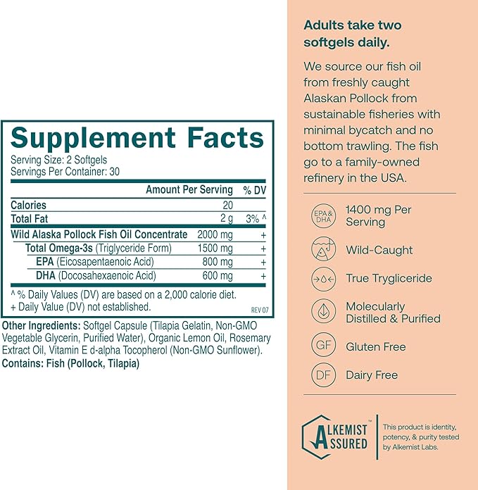 True Grace Omega-3 Fish Oil - 60 Softgels - 1400 mg EPA + DHA - Brain, Heart, Joint & Immune Health - Organic, Gluten Free, Soy Free