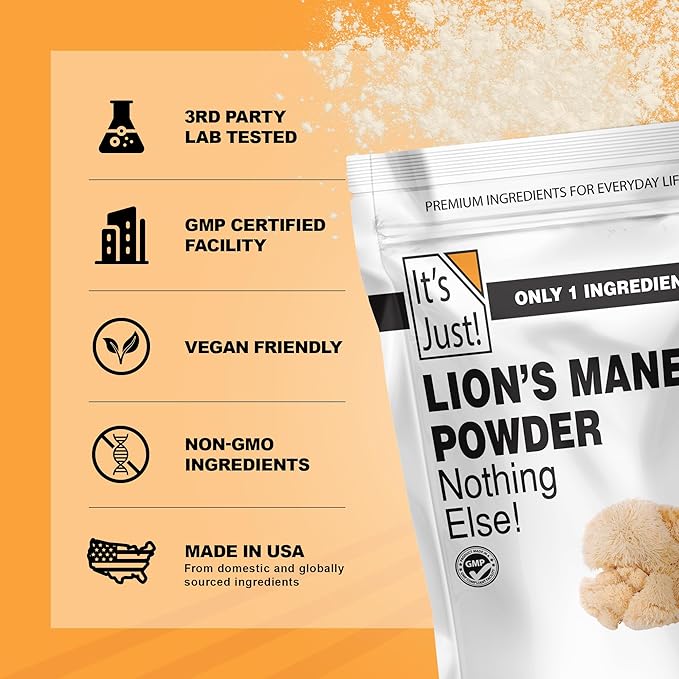 It's Just! - Lion's Mane Mushroom Powder, Natural Raw Superfood, Brain Support, Immune Health, Boost Energy, Non-GMO, 8oz