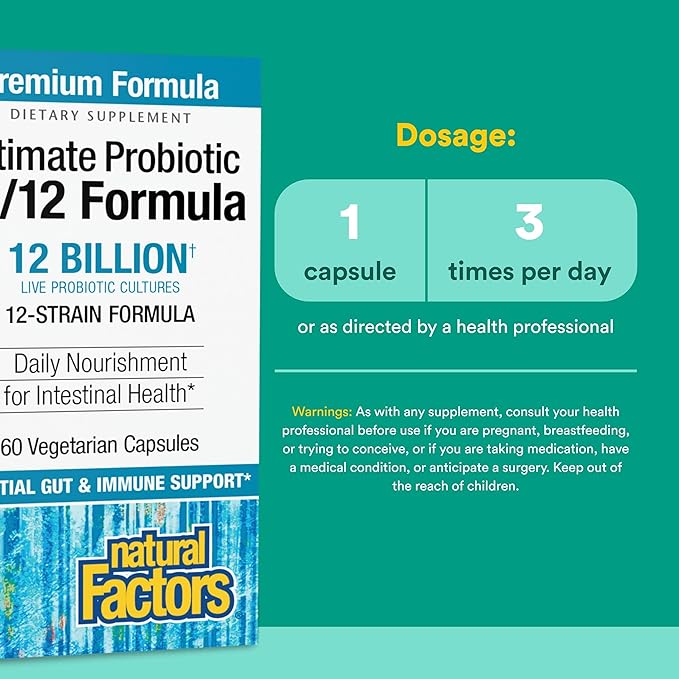 Natural Factors Ultimate Probiotic 12/12 Formula - Digestive Health Support Supplement with Probiotics - Immunity & Gut Health Support Supplement - 60 Vegetarian Capsules (60 Servings)