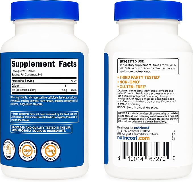 Nutricost Iron (As Ferrous Sulfate) 65mg, 240 Tablets - Non-GMO, Gluten Free (Pack of 2)