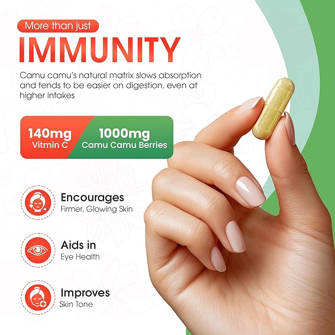 Organic Vitamin C from Camu Camu Capsules 1,000mg, Packed with Natural VIT C, Raw Antioxidants - Immune Support Supplement & Anti-Aging for Skin - Powder Organic, Vegan, Non-GMO (120 Count)