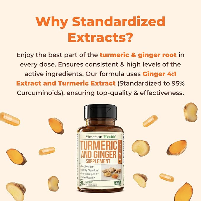 Turmeric Curcumin Supplement with Ginger Root for Joint Support, Digestive & Gut Health - Contains Organic Turmeric Curcumin with Black Pepper (Bioperine) for Enhanced Absorption - 60 Capsules