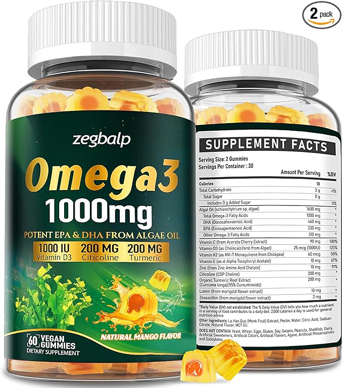 Omega-3 Supplement Gummies for Women & Men - 1000mg Vegan Omega3 DHA & EPA with Turmeric, Vitamin D3, K2, Citicoline for Overall Health - Algae Oil Omega 3 Fatty Acid Supplements, Sugar-Free