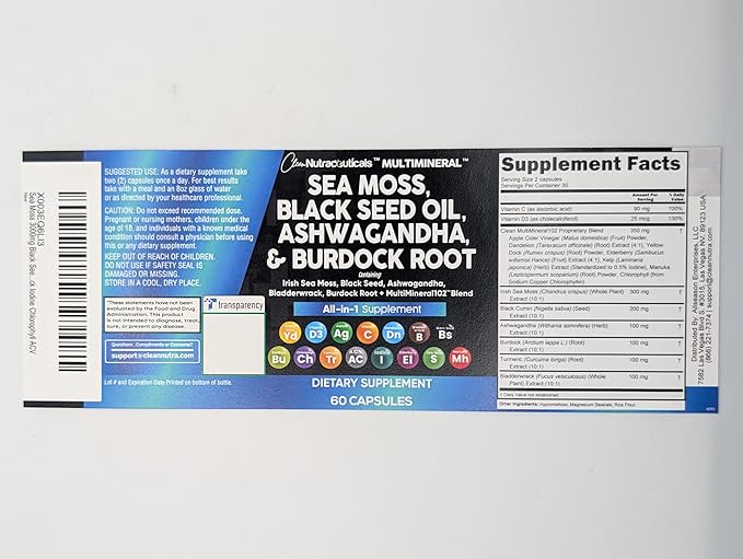 Sea Moss Black Seed Oil Ashwagandha Turmeric Bladderwrack Burdock & Vitamin C Vitamin D3 with Elderberry Manuka Dandelion Yellow Dock Iodine Chlorophyll ACV - 3Pack