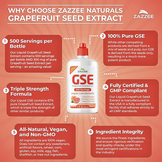 Zazzee GSE, 3X Triple Strength, 4 Ounces, 500 Servings, 300 mg per Serving, Premium Liquid Grapefruit Seed Extract Concentrate with Bioflavonoids, Vegan, Gluten Free, All-Natural, Made in the USA