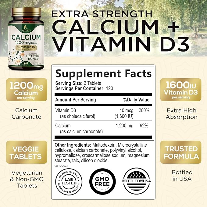 Calcium 1200 mg with Vitamin D3 Per Serving - Bone Health Supplement, Vitamin D & Calcium Supplements for Women & Men - Bone, Teeth & Immune Support, Nature's Calcium Pills, USA Bottled - 240 Tablets