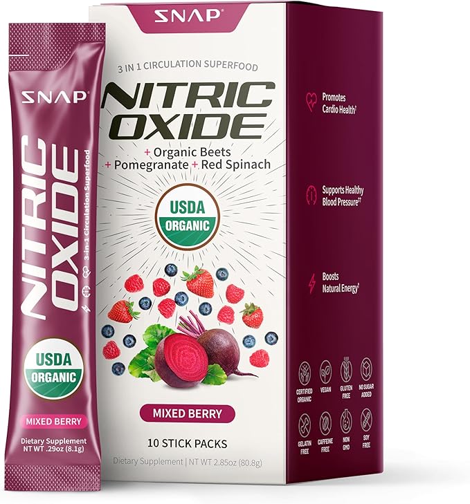 Snap Supplements Organic Beet Root Powder Nitric Oxide Supplement for Men & Women with Red Spinach, Supports Healthy Energy & Blood Pressure Already in Normal Range, 10 Stick Packs, Mixed Berry