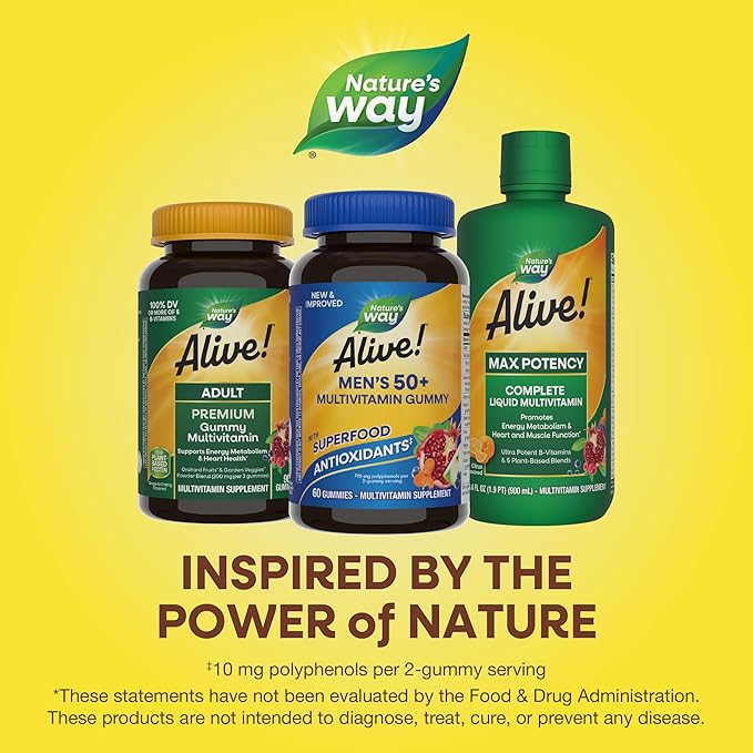 Nature's Way Alive! Men’s 50+ Daily Gummy Multivitamins, Supports Healthy Brain, Eyes, Heart*, B-Vitamins, Gluten-Free, Fruit Flavored, 60 Gummies (Packaging May Vary)