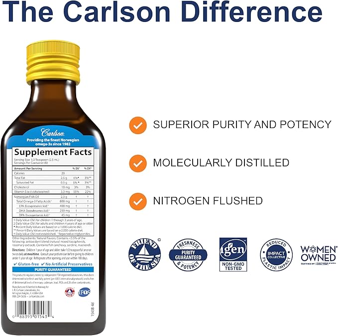 Carlson - Kid's The Very Finest Fish Oil Liquid, 800 mg Omega-3s, Norwegian, Wild-Caught Fish Oil, Omega 3 Liquid for Kids, Sustainably Sourced, Lemon, 200 ml