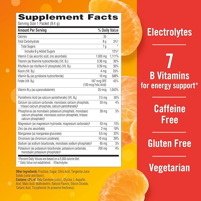 Emergen-C 1000mg Vitamin C Immune Support Powder Tangerine 30CT includes Zinc, Manganese, 7 B Vitamins and Electrolytes for Back to School Essentials