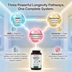 PRISTINE'S Longevity Complete Anti Aging NMN Complex - Advanced Cellular Support - NMN 500mg, Berberine 500mg, Resveratrol 250mg, Healthy Aging, Autophagy & NAD+ Support - Glass Bottle
