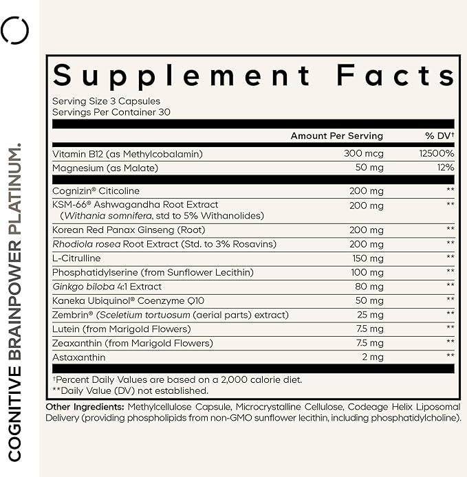 Codeage Cognitive Brainpower Platinum Supplement - Cognizin Citicoline, KSM-66 Ashwagandha, Panax Ginseng, Rhodiola, Phosphatidylserine, Ginkgo, Ubiquinol CoQ10, Liposomal - Non-GMO - 90 Capsules