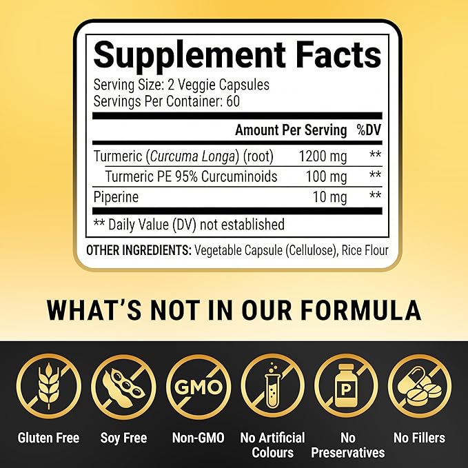 Turmeric Curcumin Supplement with Black Pepper Extract (BioPerine) - 95% Curcuminoids for Joint & Inflammation Support - Enhanced Absorption Vegan Turmeric Supplement - 120 Capsules