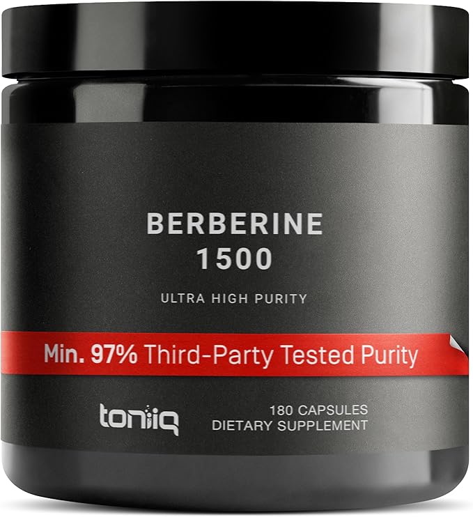 Toniiq Ultra High Strength Berberine HCl from The Himalayas - 100:1 Concentrated Extract - Lab-Tested 97% Berberine HCl - 180 Vegetarian Capsules, 1500 mg per Serving