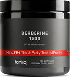 Toniiq Ultra High Strength Berberine HCl from The Himalayas - 100:1 Concentrated Extract - Lab-Tested 97% Berberine HCl - 180 Vegetarian Capsules, 1500 mg per Serving