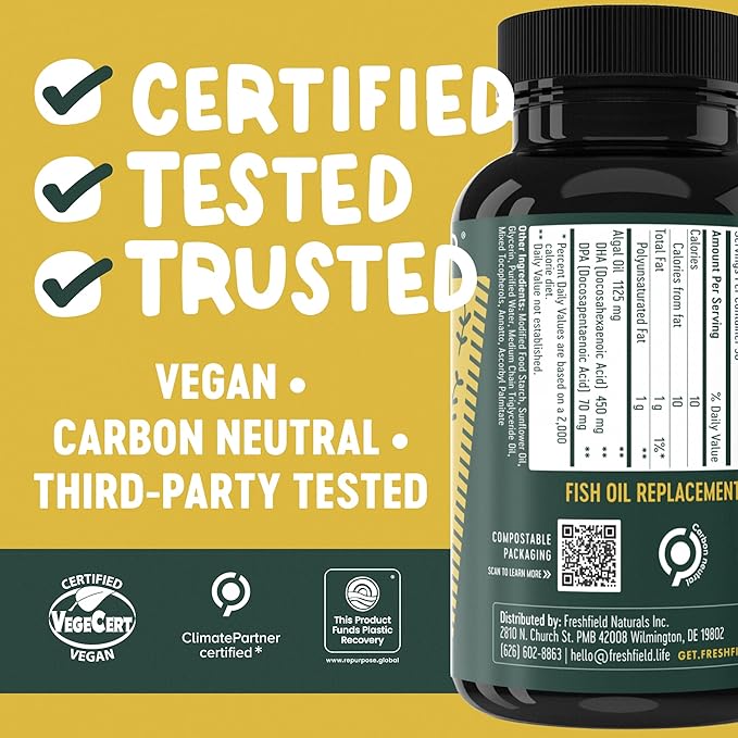 Freshfield Vegan Omega 3, Algae (Algal) Oil, Fish Oil Free Company, Third Party Tested, Carrageenan Free, DHA Supplement w/DPA, Plant Based Omega. Supports Heart, Brain, Joint Health