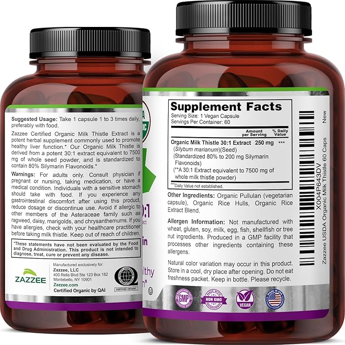 Zazzee USDA Organic Milk Thistle 30:1 Extract, 80% Silymarin, 60 Vegan Capsules, 2 Month Supply, Certified Kosher, High Potency Liver & Antioxidant Support, Silybum Marianum, Non-GMO, Made in the USA