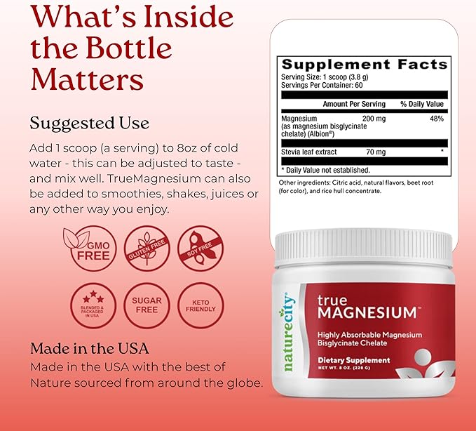 NatureCity TrueMagnesium Highly Absorbable Chelated Magnesium Bisglycinate Powder Drink Mix (60 Servings) - Magnesium Supplement for Sleep and to Support Bone Health & Muscles