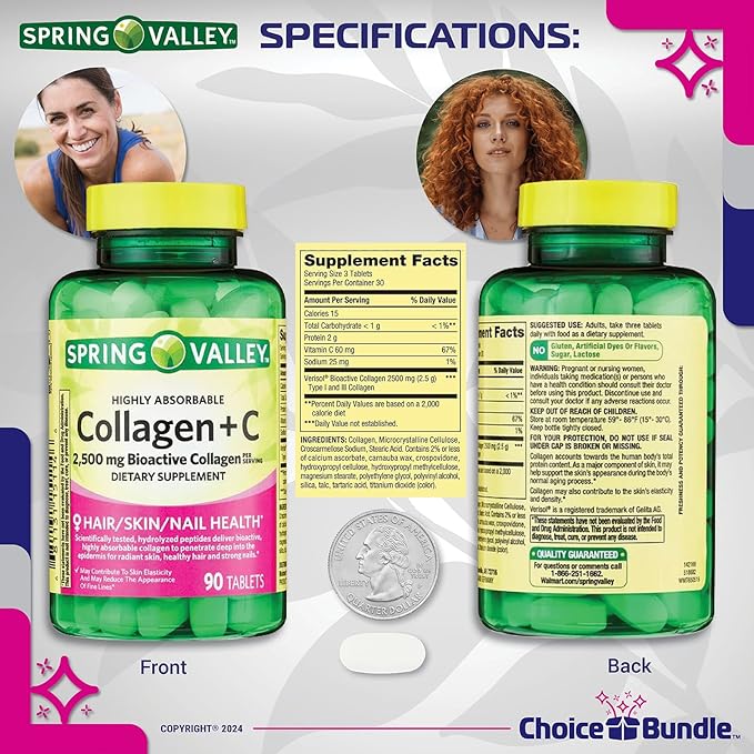 Spring Valley Highly Absorbable Collagen + Vitamin C Tablets Hair Skin Nail Health 2500 mg 90 Ct 3 pk (270 Total) + Vitamin Vitality & Pill Container (5 Items)!