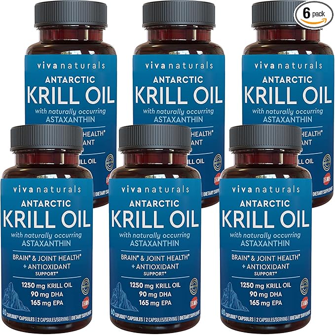 Viva Naturals Antarctic Krill Oil 1250 mg, Omega 3 EPA DHA and Astaxanthin, Joint Support and Brain Supplement with Antioxidant Properties, No Fishy Aftertaste (Pack of 6)