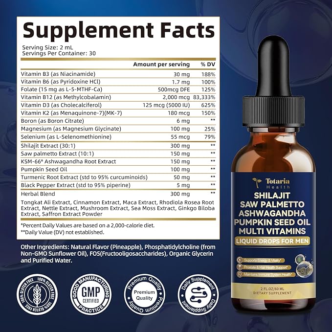 Shilajit Liquid Drops with Saw Palmetto，Ashwagandha，Pumpkin Seed Oil，Sea Moss,Multivitamin - Shilajit for Men - Support Prostate Health & Hair,Energy & lmmune Function - 2FL - Pineapple Flavor
