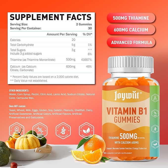Vitamin B1 Gummies 500mg, Thiamine B1 Supplement for Adults, with 600mg Calcium Citrate, Support Nervous System, Vegan, Chewable Natural Orange Flavor