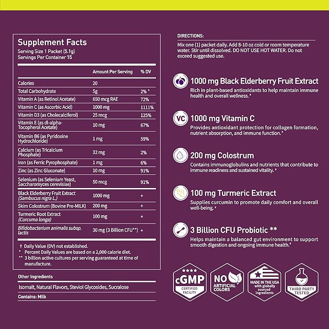 Secret Forest ImmuniGlow, 1000mg Vitamin C, 1000mg Black Elderberry, Probiotics, Colostrum, Turmeric & Zinc – Antioxidant & Recovery Formula, Daily Immunity & Gut Support Drink Mix (15 Packets)