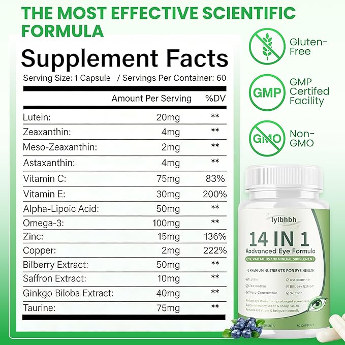 14 in 1 Advanced Eye Formula, Eye Supplement with Lutein, Zeaxanthin, Vision & Focus, Suitable for Adults and Seniors, 60 Capsules
