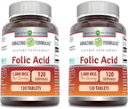 Amazing Formulas Folic Acid 5000 Mcg per Serving | Tablets Supplement | Non-GMO | Gluten-Free | Made in USA (2 Pack | 120 Count)