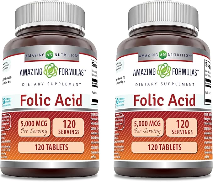 Amazing Formulas Folic Acid 5000 Mcg per Serving | Tablets Supplement | Non-GMO | Gluten-Free | Made in USA (2 Pack | 120 Count)