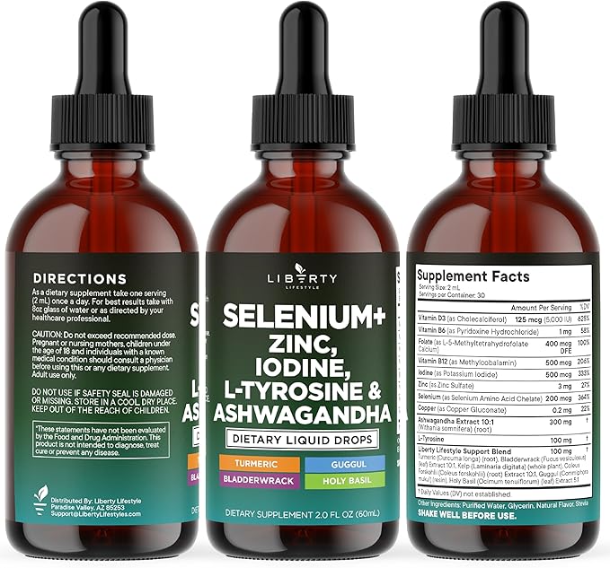 Thyroid Support Drops - Selenium, Zinc, Iodine, L Tyrosine, Ashwagandha, Turmeric, Schisandra Guggul, Cayenne, Basil - Liquid Supplement Folate Copper Alcohol -Free, Vegan, Non-GMO – 2 oz