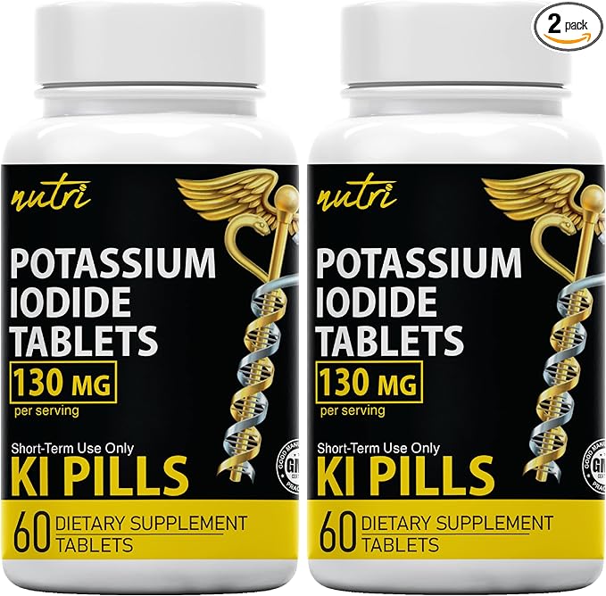 Potassium Iodide Tablets 130 mg (Pack of 2) - (120 Tablets) 10 Year Shelf-Life EXP 2034 to 2035 - Ki Pills - Yoduro de potasio - Nutri Supplements - 3rd Party Tested - NSF cGMP Certified Facility