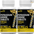 Potassium Iodide Tablets 130 mg (Pack of 2) - (120 Tablets) 10 Year Shelf-Life EXP 2034 to 2035 - Ki Pills - Yoduro de potasio - Nutri Supplements - 3rd Party Tested - NSF cGMP Certified Facility