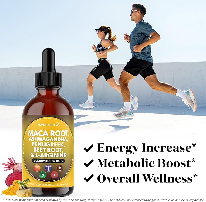 Superfood MD Maca Root Liquid Drops with Ashwagandha, Nettle, Fenugreek, Beet Root and L-Arginine Liquid Multivitamin for Women and Men - 2oz