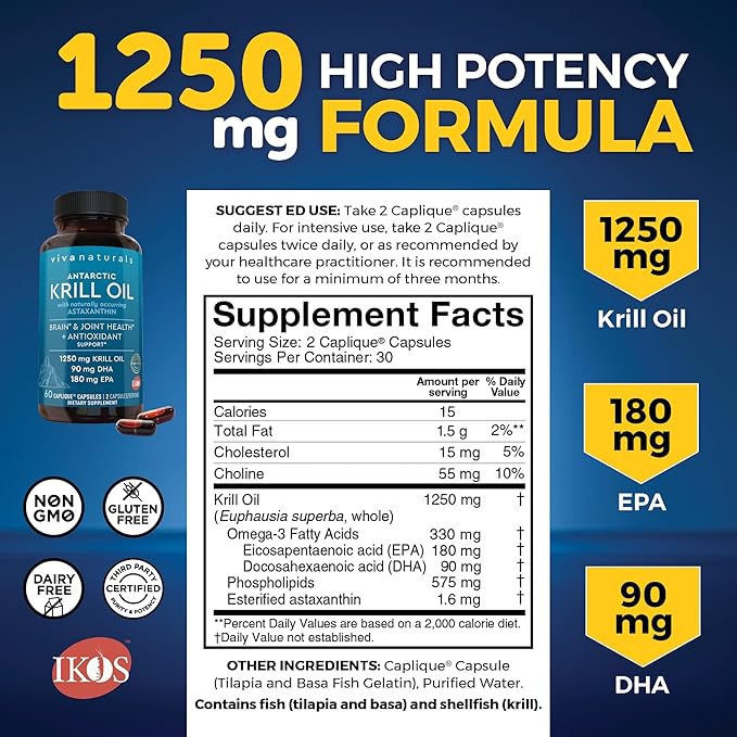 Viva Naturals 1250 mg Antarctic Krill Oil and 2,500 mg Triple-Strength Omega-3 Fish Oil Bundle, Providing Omega-3 EPA and DHA