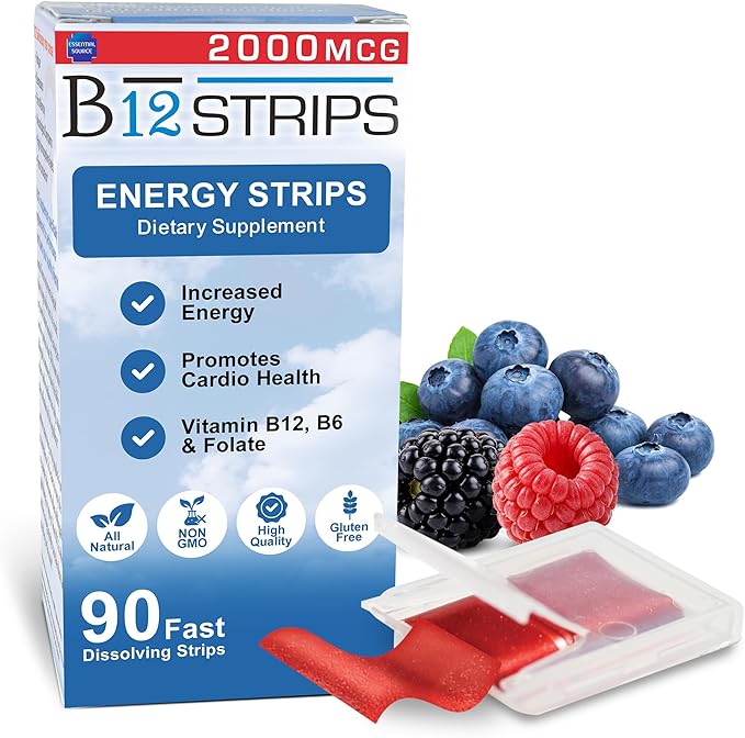 Essential Source 2,000 mcg Methylcobalamin Vitamin B12 Sublingual Energy Strips | Biotin, B6, 5-MTHF L-Methylfolate | Sublingual B12 Vitamins, Folate | Energy, Brain Health, Nerve Function - 90 Strips