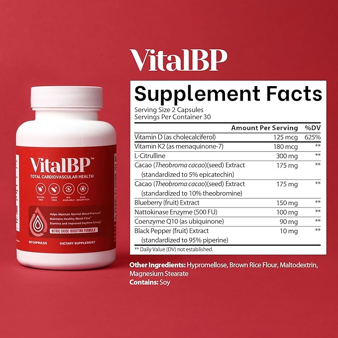 VitalBP - 2 Pack - Support for Normal Blood Pressure - Supports Blood Flow & Arteries - with CoQ10, L-Citrulline, and K2 & D3-60 Capsules
