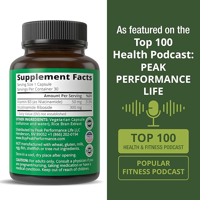 Peak Performance Nicotinamide Riboside NR Supplement Capsule - NMN Alternative NAD Supplement + Niacinamide for NAD+ Levels As We Age - 3rd Party Tested, Non-GMO, Vegan Vitamin for Women and Men