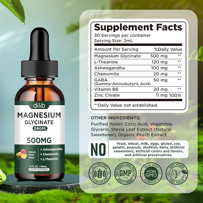 Magnesium Glycinate Liquid Drops Supplement, with Magnesium Glycinate 500mg Ashwagandha, L - Theanine, Chamomile -Support Stress Relief, Bone, Muscle, Mood Peach Flavor