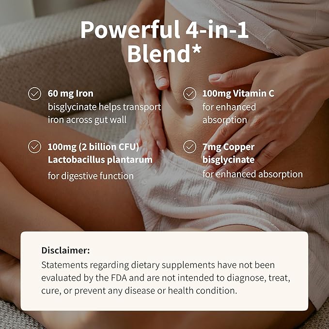 Nourished Natural Health ProbIron - Women's Probiotic + Iron Supplement Boosted with Vitamin C and Copper - Vegan Formula for Energy and Digestive Wellness - 90 Capsules