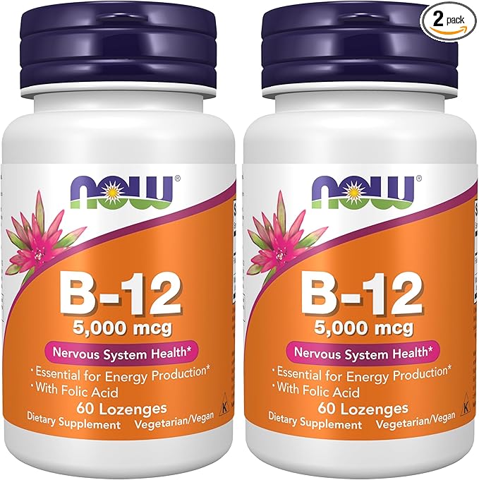 NOW Foods Supplements, Vitamin B-12 5,000 mcg, with Folic Acid, Nervous System Health*, 60 Count (Pack of 2)