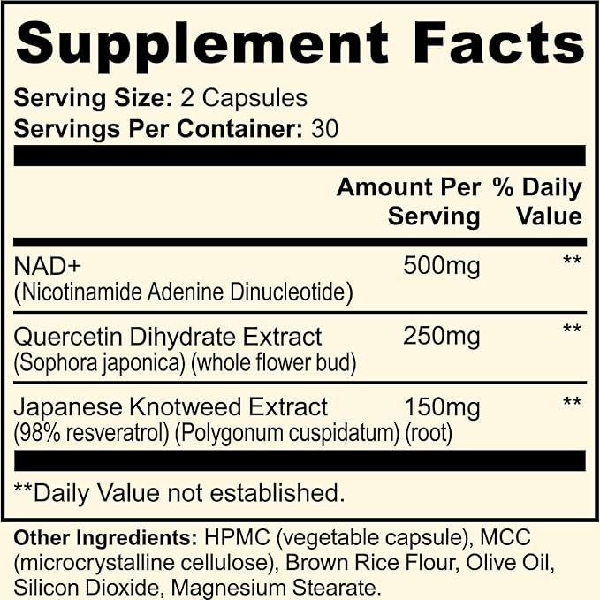 Natural NAD+ Supplement 500 mg with Resveratrol & Quercetin | Cellular Energy & Healthy Aging Support for Women | Non-Stimulant | GMP-Certified | 3rd Party Tested | 60 Vegan Capsules | Made in USA