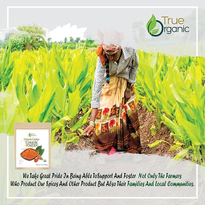 True Organic Ceylon Turmeric Powder, 1 Pound Bulk Bag, Certified Organic, USDA Certified, Non-GMO, High Curcumin Content Organic Turmeric Powder, Ground Turmeric, Pure Ceylon Premium Quality Bulk Turmeric Spice [16 ounces]