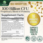 Probiotics 100 Billion CFU Per Serving - 16 Premium Probiotic Strains Prebiotics - Immune Support, Gut Health, Occasional Constipation, Gas & Bloating, Probiotics Supplement, USA Bottled, 60 Capsules