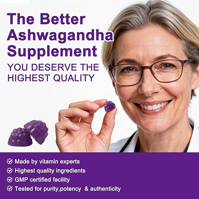 Ashwagandha Gummies & Vitamin D3 Gummies Organic Aswangdha Supplement for Improve Sleep, Stress Relief & Mood Calm (Grape Berry,Non-GMO, Gluten-Free & Sugar Free)-1 Pack