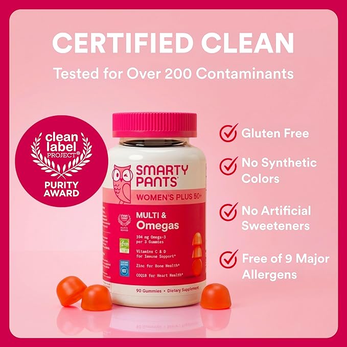 SmartyPants Multivitamin Gummy for Women 50 and Over, Omega 3 (DHA/EPA), Methylfolate, CoQ10, Vitamin D3, C, Vitamin B12, B6, A, K, Biotin, Gluten Free, 90 Count (30 Day Supply)